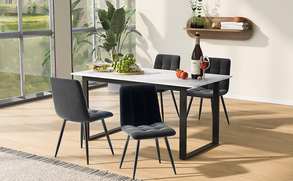 Dining Set 5-Piece, Extendable 140-180cm Table with 4 Modern Grey Velvet Chairs, White MDF Black Legs