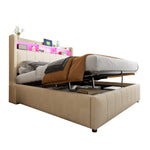 Upholstered Bed 140x200cm with Storage & LED, Beige Linen