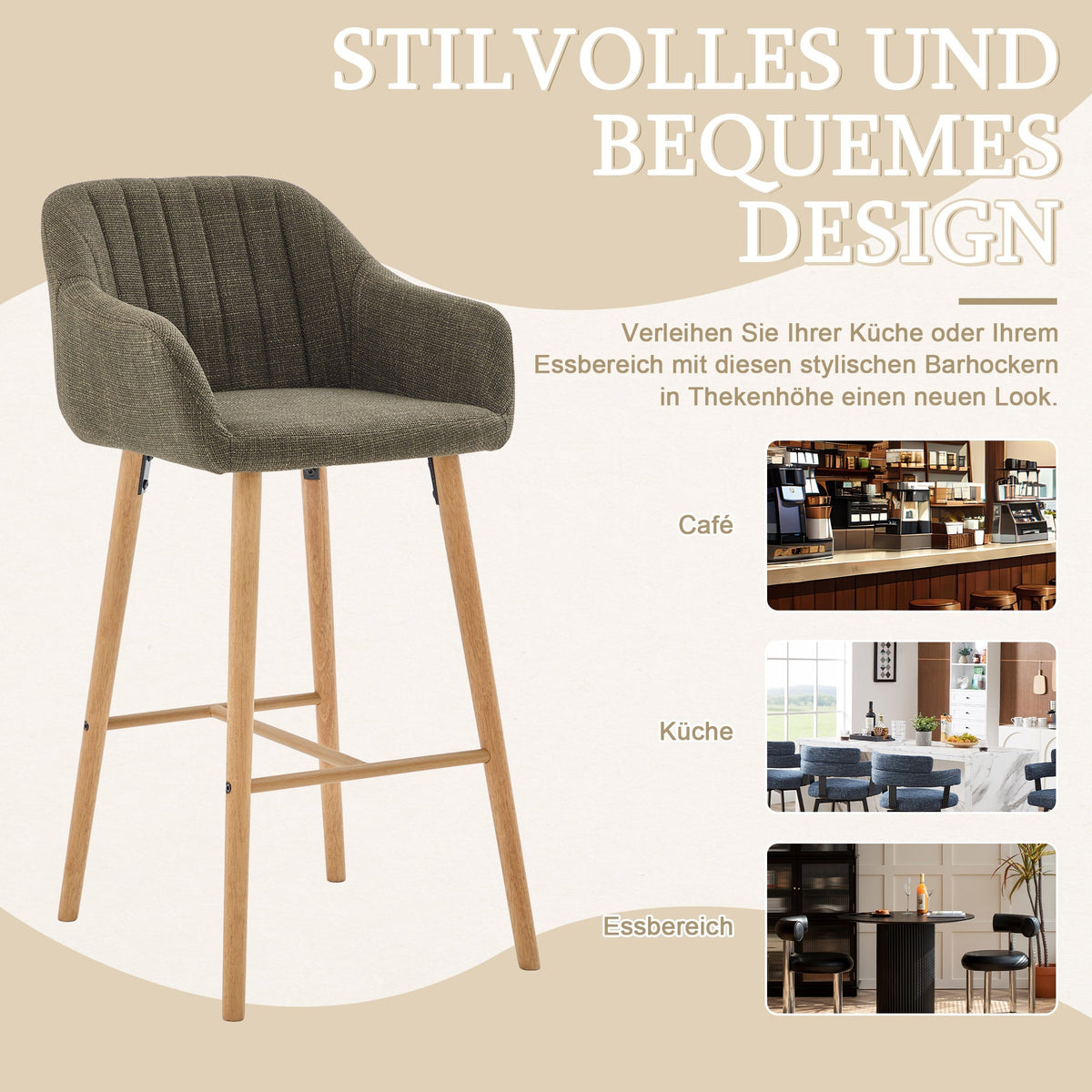 Modern European Bar Stools with High Backrest and Armrests, Set of 2, Beige Linen