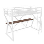 Loft Bed 90x200cm with Desk, LED & Stairs, White Iron Frame