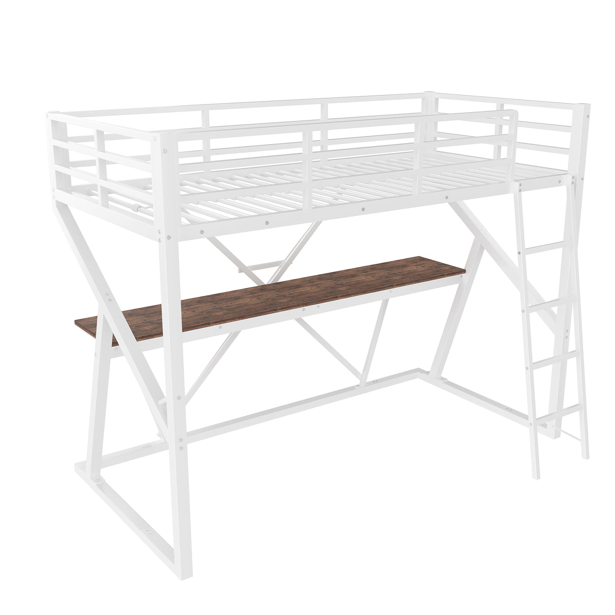 Loft Bed 90x200cm with Desk, LED & Stairs, White Iron Frame
