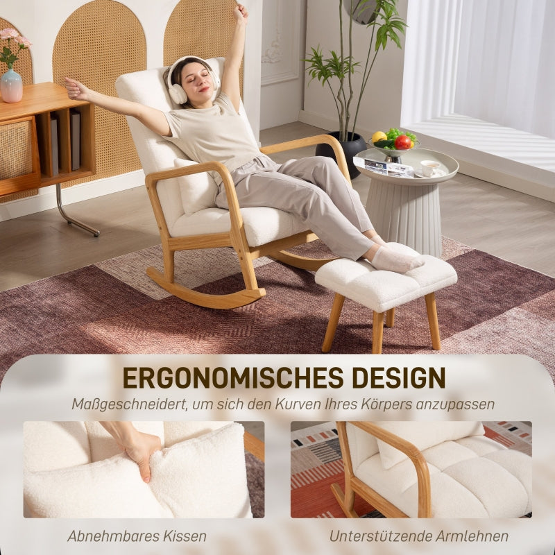 Rocking Chair with Stool, Fleece Cover, Wooden Skids, White