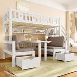 Multifunctional Loft Bed, 90x200cm 2-in-1 Bed & Desk Storage Ladder, White