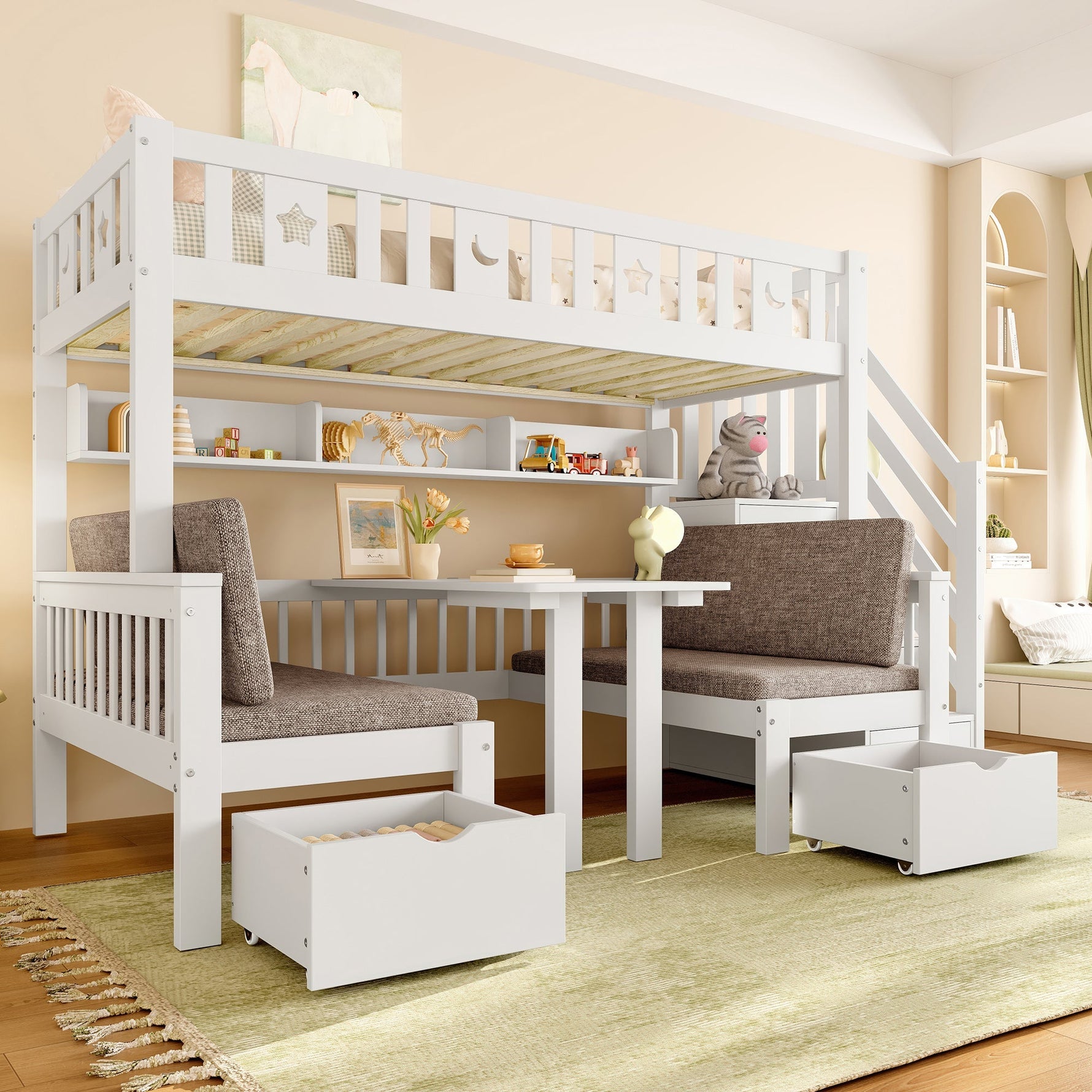Multifunctional Loft Bed, 90x200cm 2-in-1 Bed & Desk Storage Ladder, White
