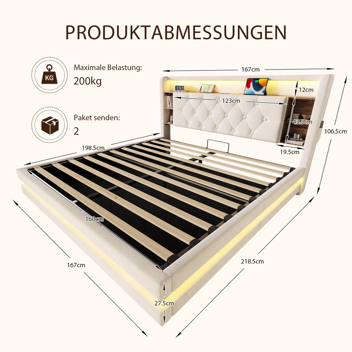 Upholstered Storage Bed 160x200cm with LED & USB, Beige Velvet