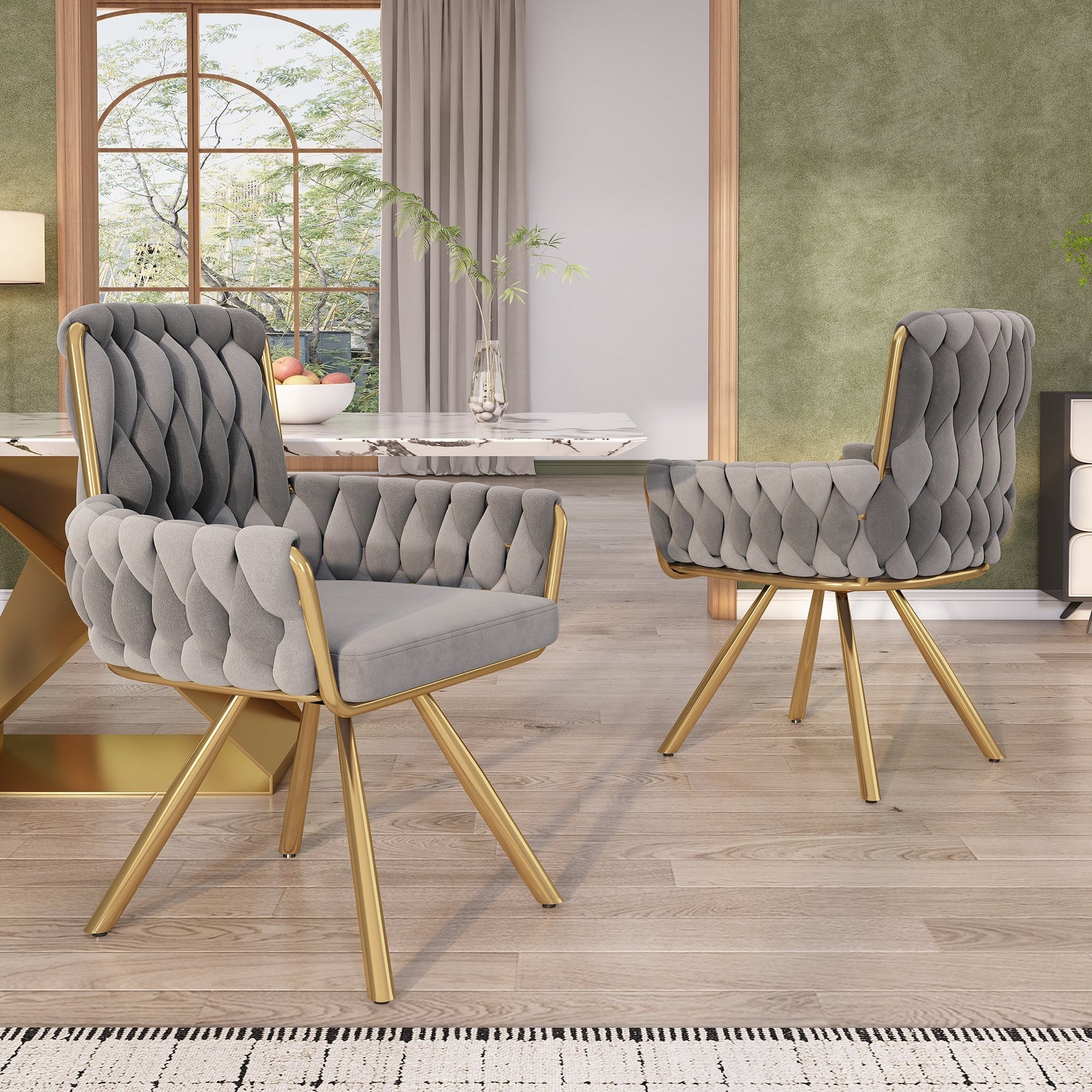Velvet Dining Chair Set of 4, Luxury Swivel Armchair with Metal Legs, Grey Velvet