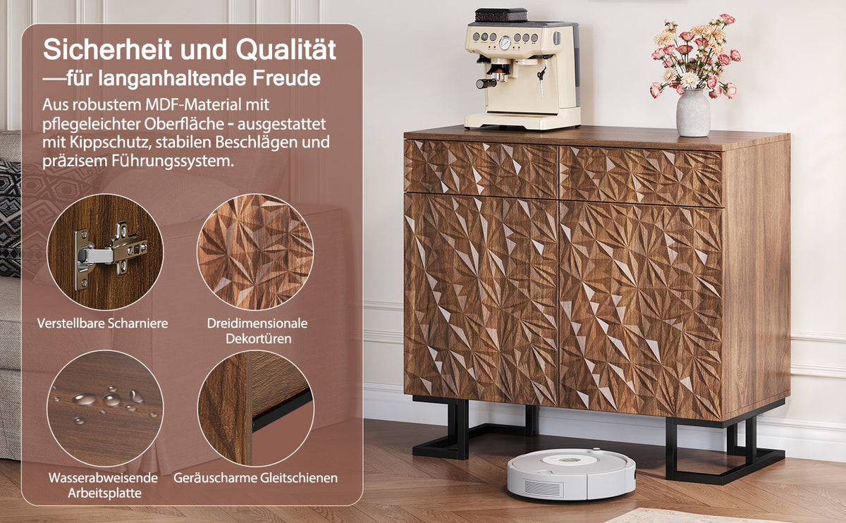 Sideboard/Chest of Drawers, 80×40×78cm, 2 Doors & 2 Drawers, Leaf Relief, Dark Walnut Look