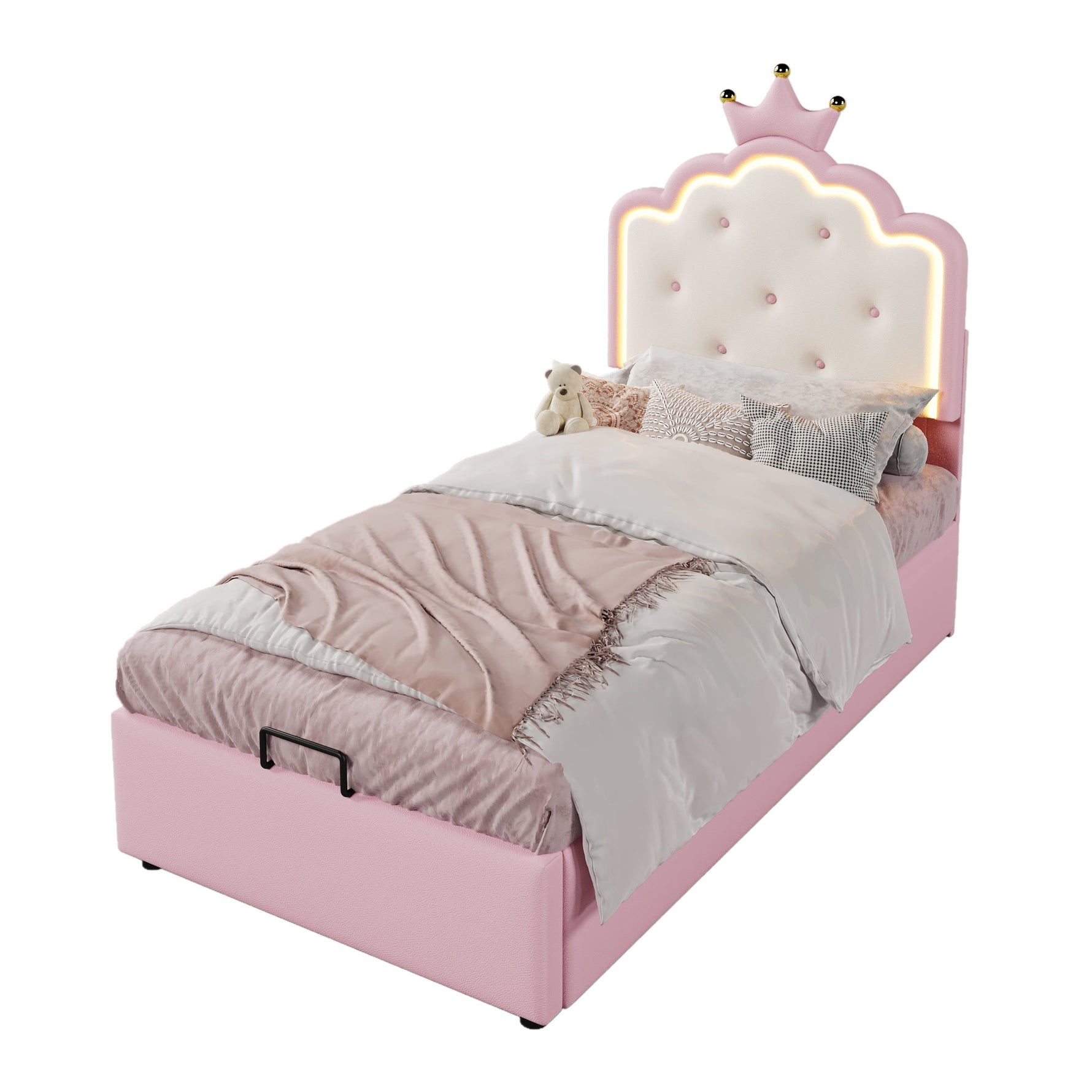 Upholstered Bed 90x200cm Princess Hydraulic Storage Ambient LED Lighting Pink PU