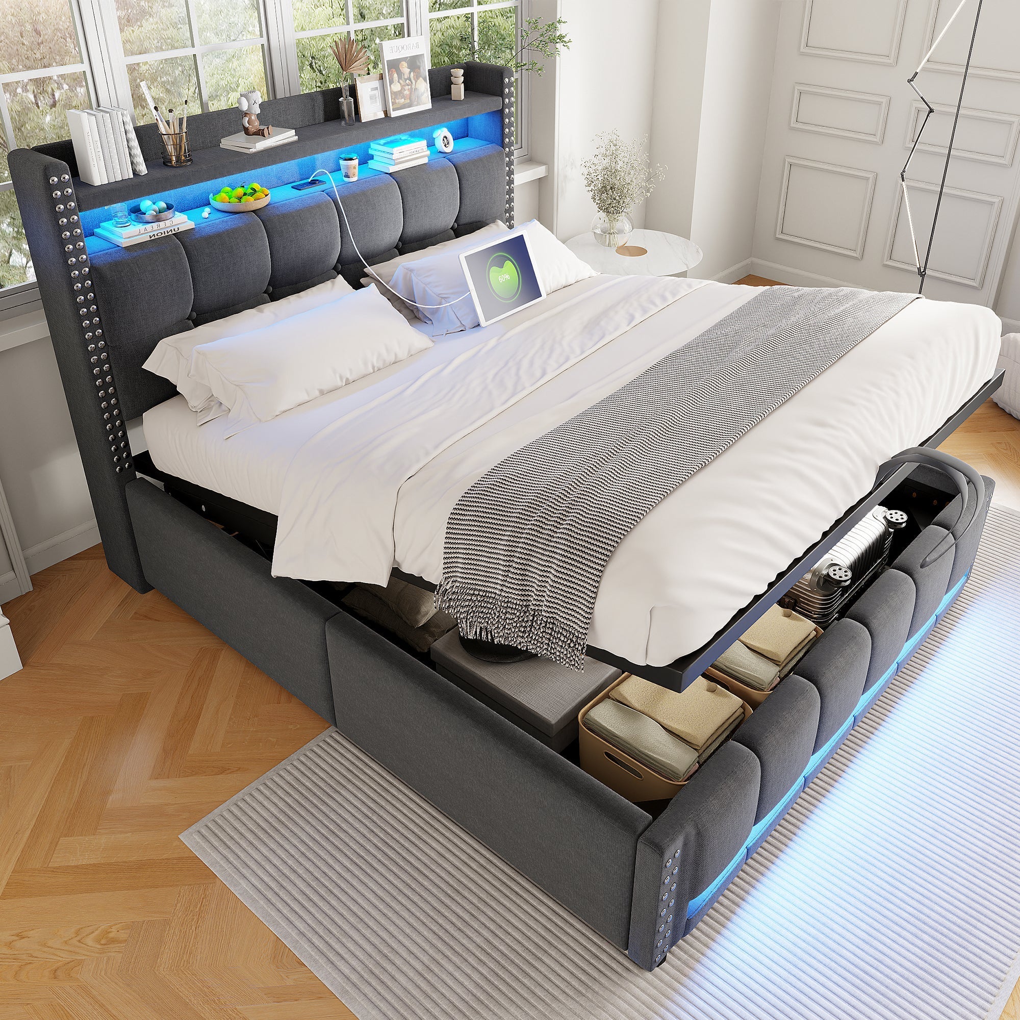 Upholstered Bed 140*200cm, LED & USB, Hydraulic Storage, Linen Fabric Grey