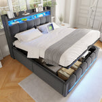 Upholstered Bed 140*200cm, LED & USB, Hydraulic Storage, Linen Fabric Grey