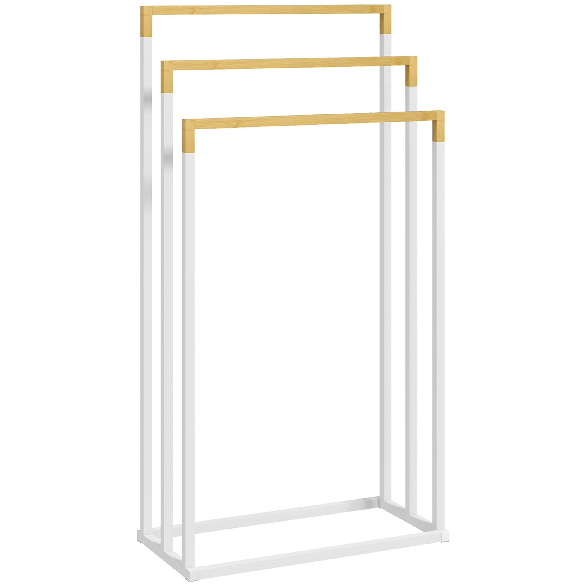 Freestanding Towel Rack, 3 Bars Bathroom Towel Holder, Steel and Bamboo, White