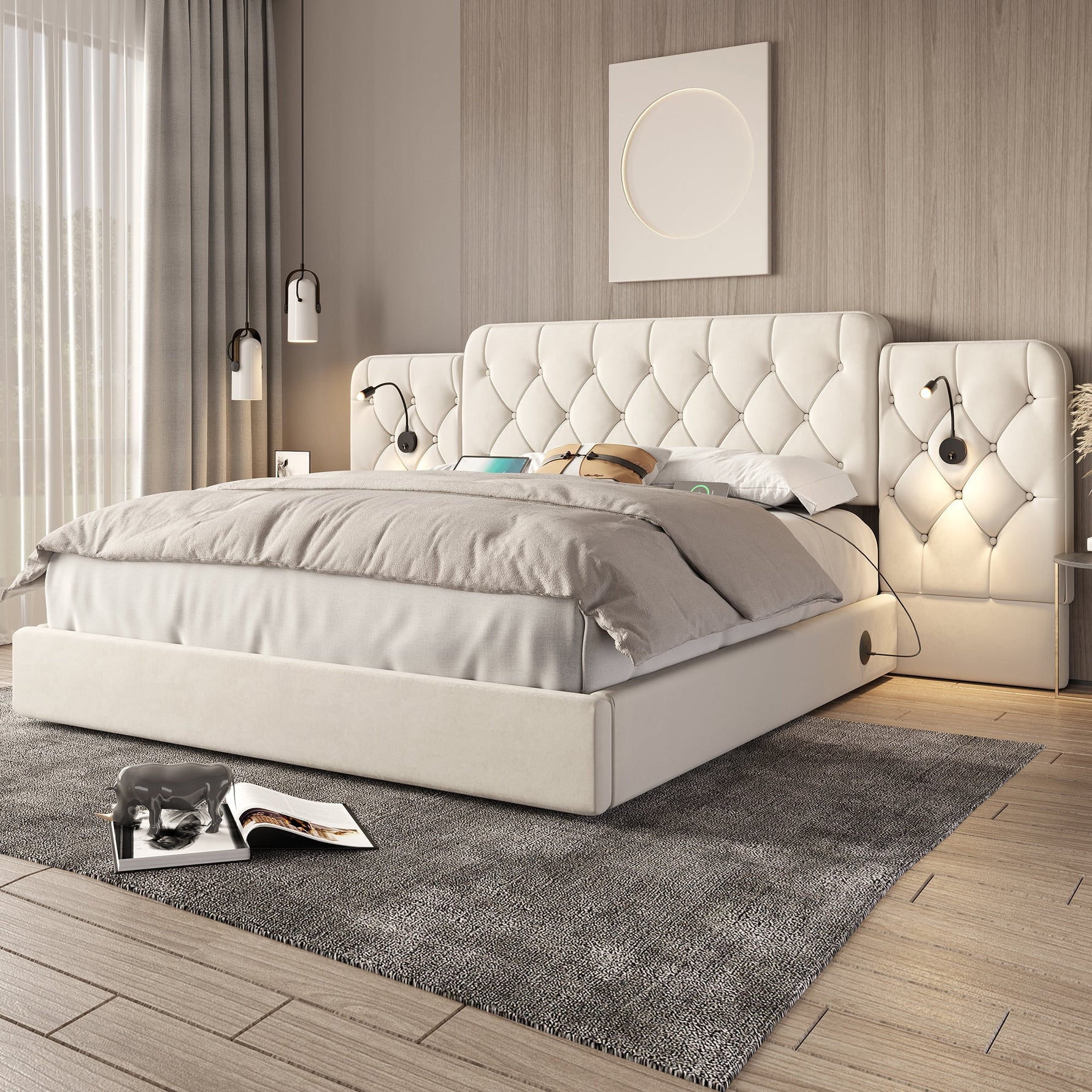 Bed Frame 160x200cm Hydraulic Storage Long Headboard USB Desk Lamp - Velvet Beige