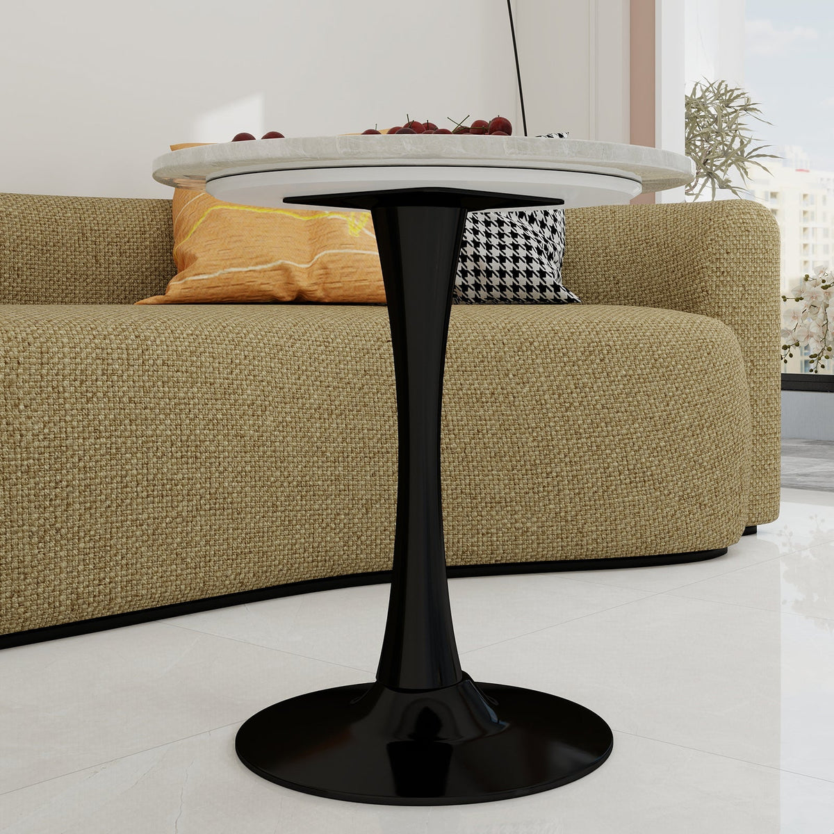 Coffee Table Round Marble Top Mid-Century Modern 27.6-inch - Black