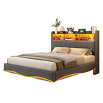 Upholstered Bed, 140*200, LED Light, USB/Type-C, Linen Fabric Gray