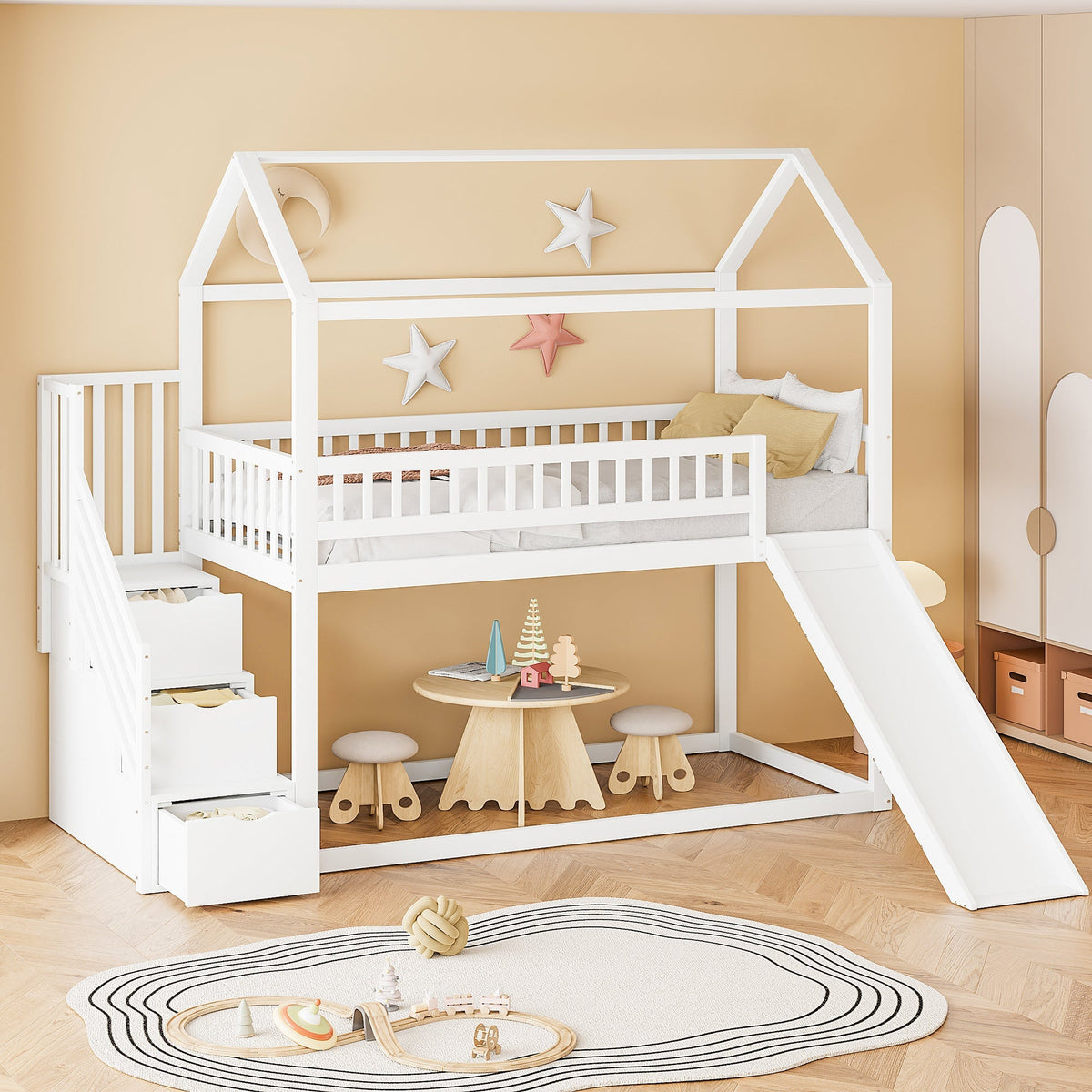 Children's Bunk Bed 90x200 cm, Loft with Slide & Storage Ladder, Solid Wood, White