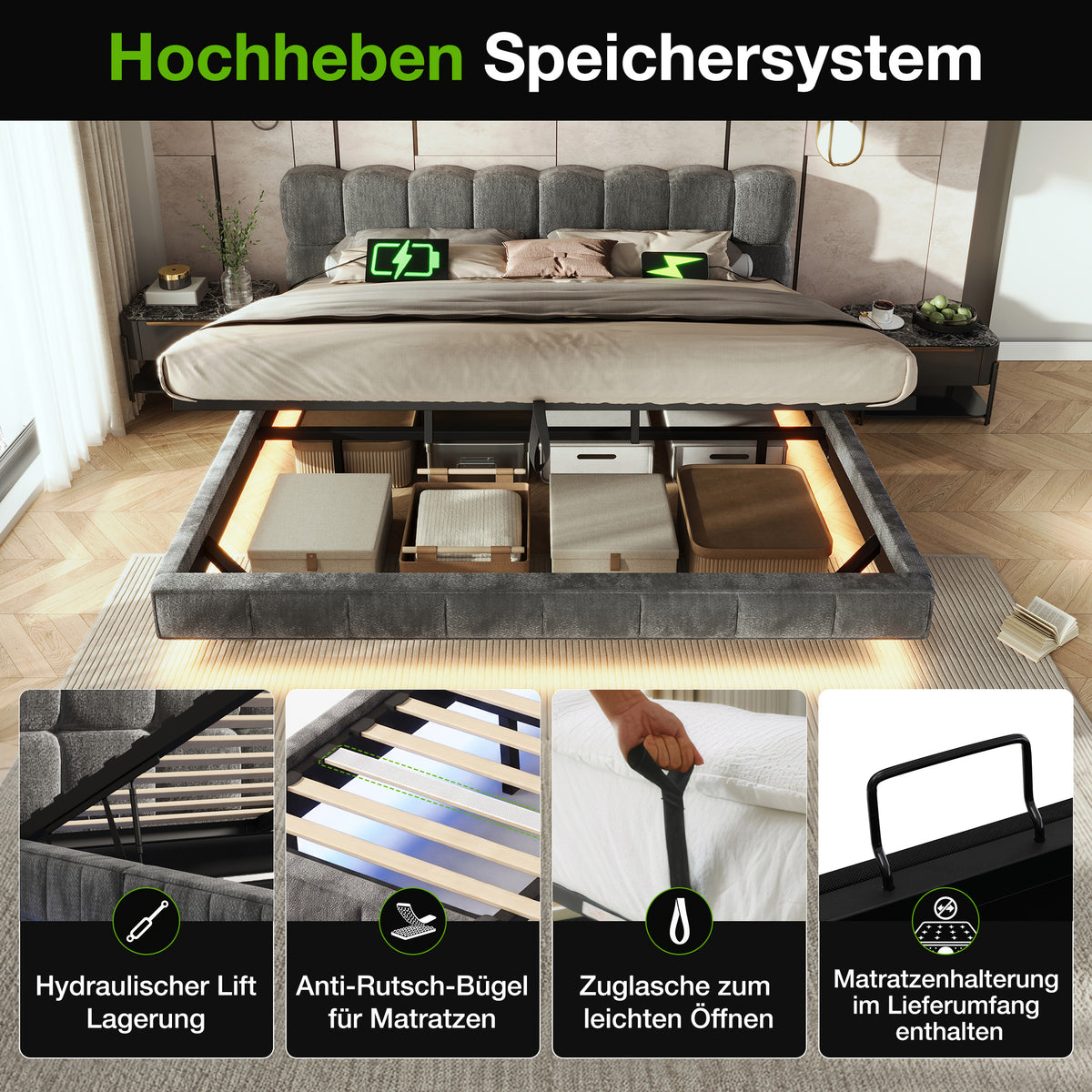 Upholstered Cloud Bed 180x200cm Hydraulic Storage LED, Grey Chenille