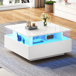 Coffee Table, Modern High-Gloss LED with 2 Drawers, Glass