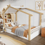 Wooden Bed, House Design Single, Pine + Chipboard + MDF, White + Natural
