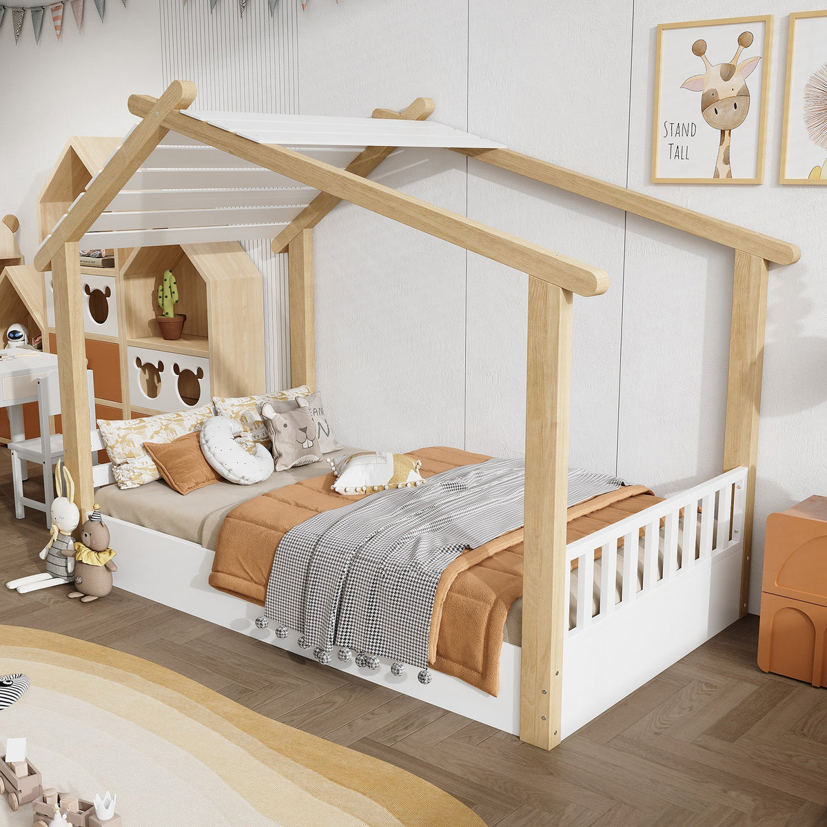 Wooden Bed, House Design Single, Pine + Chipboard + MDF, White + Natural