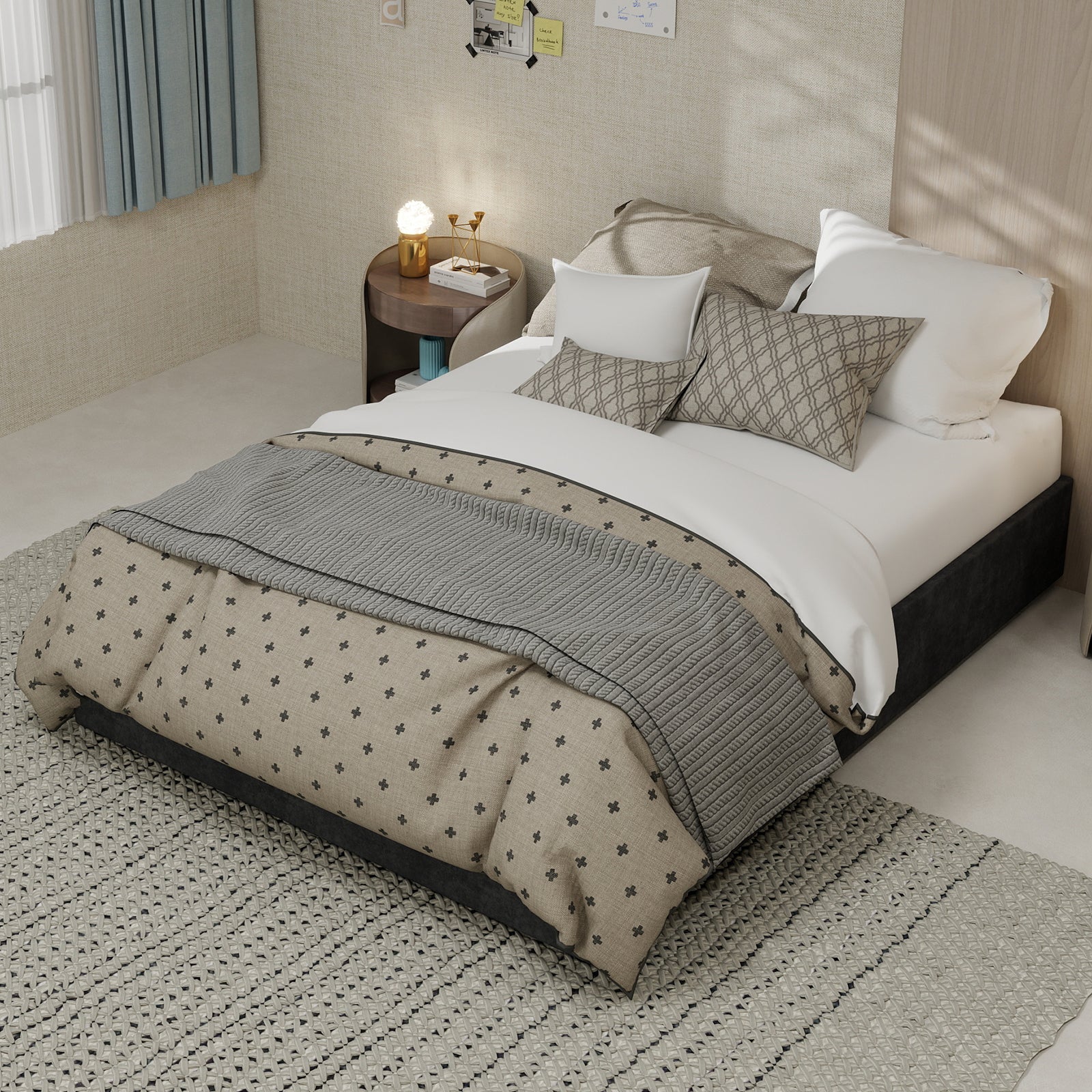 Modern Minimalist Bed Frame 140x200cm Gas Lift Storage, Dutch Velvet Gray