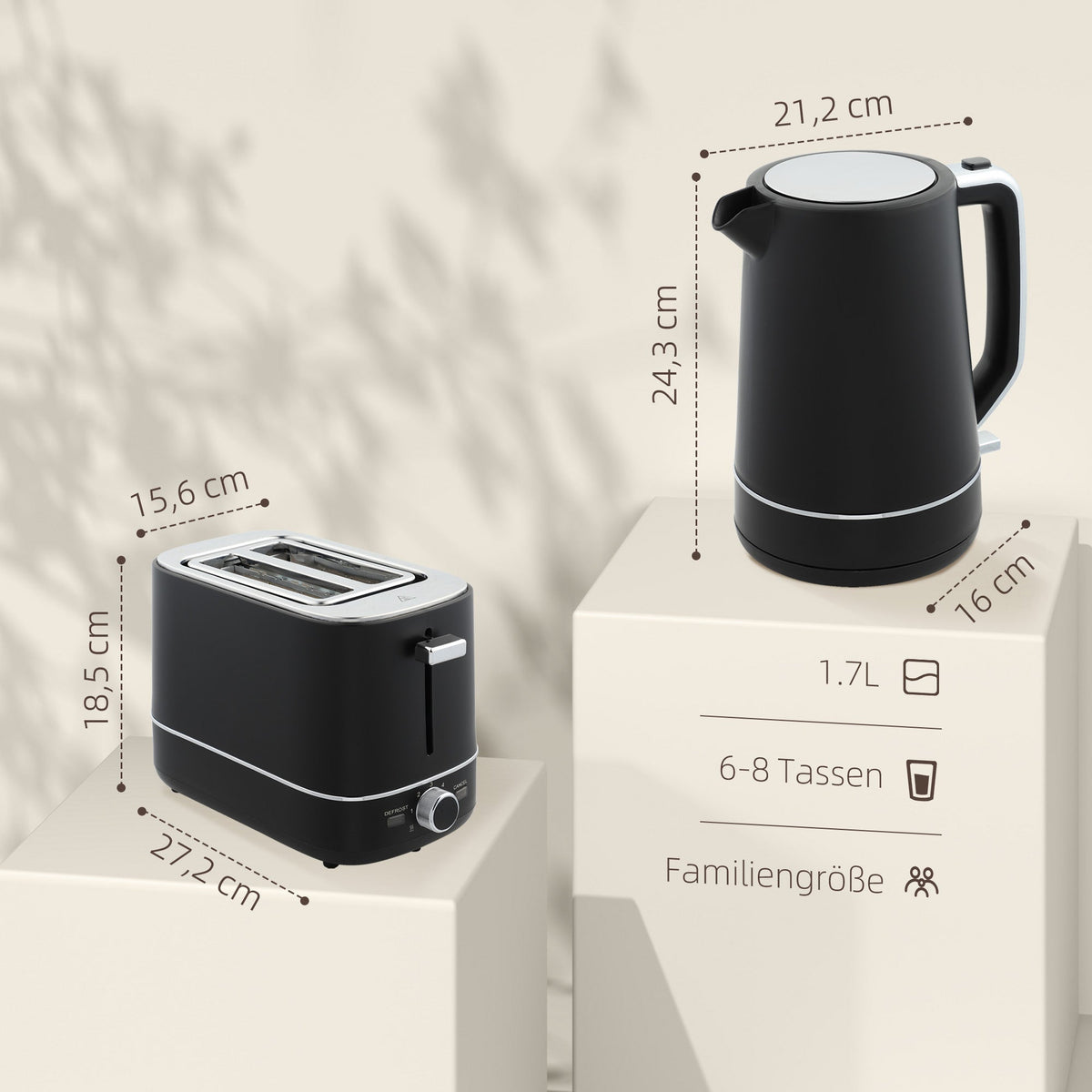 Kettle Toaster Set, 2200W 1.7L 2-Slice 6 Browning Levels, Black