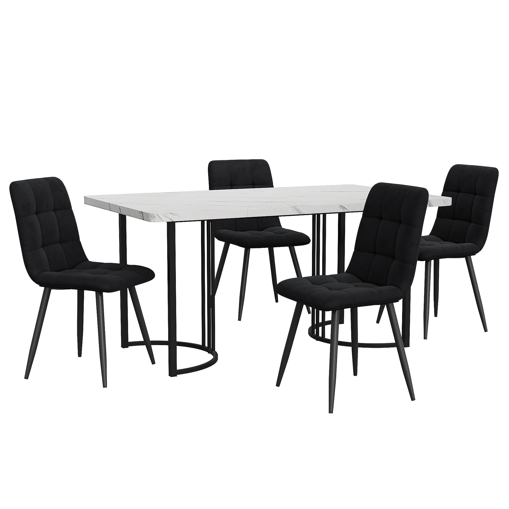 5-Piece Dining Set Modern 140x80cm Black Metal Legs White MDF/Black Velvet