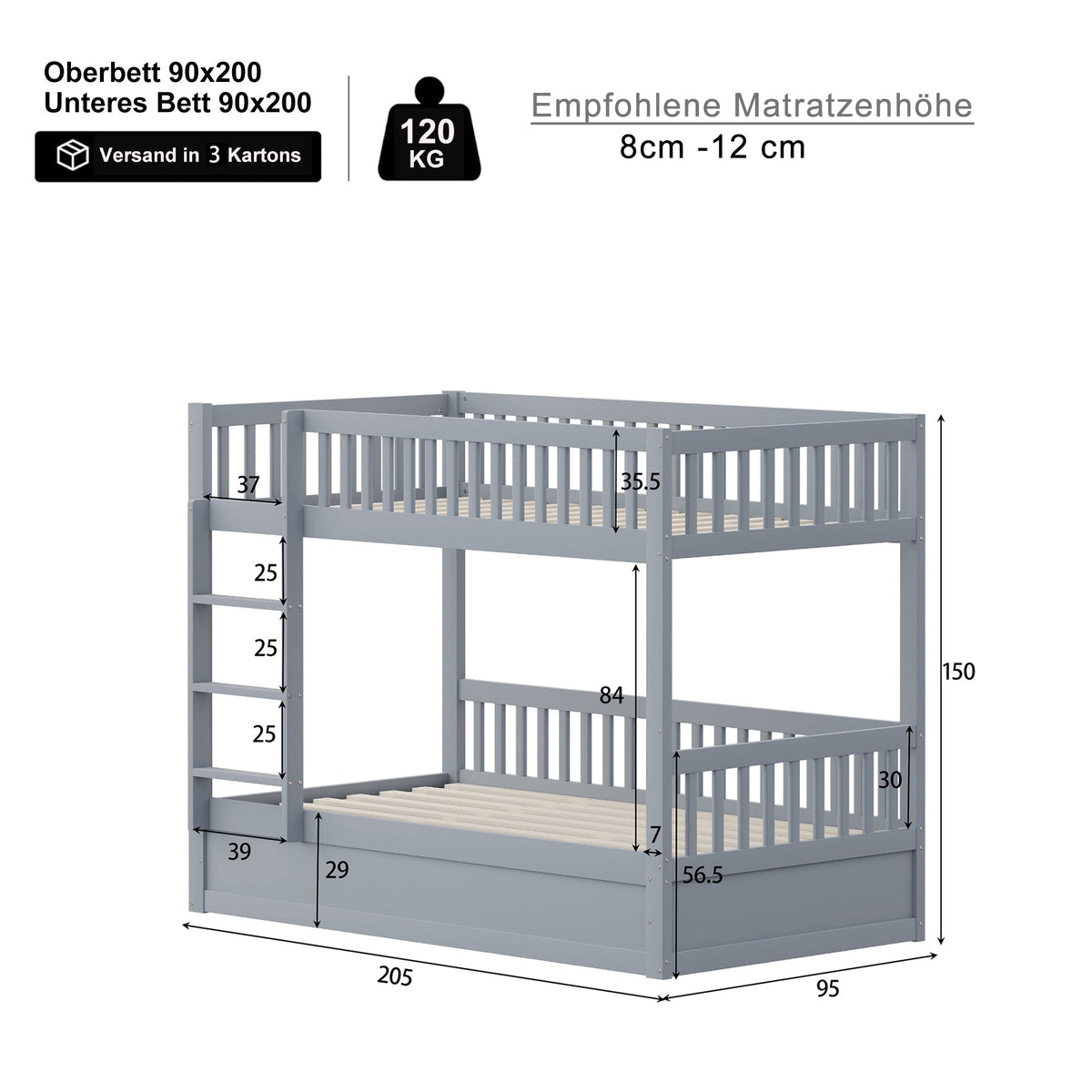 Children's Bunk Bed, 90x200 Hydraulic Storage System, Solid Wood Gray