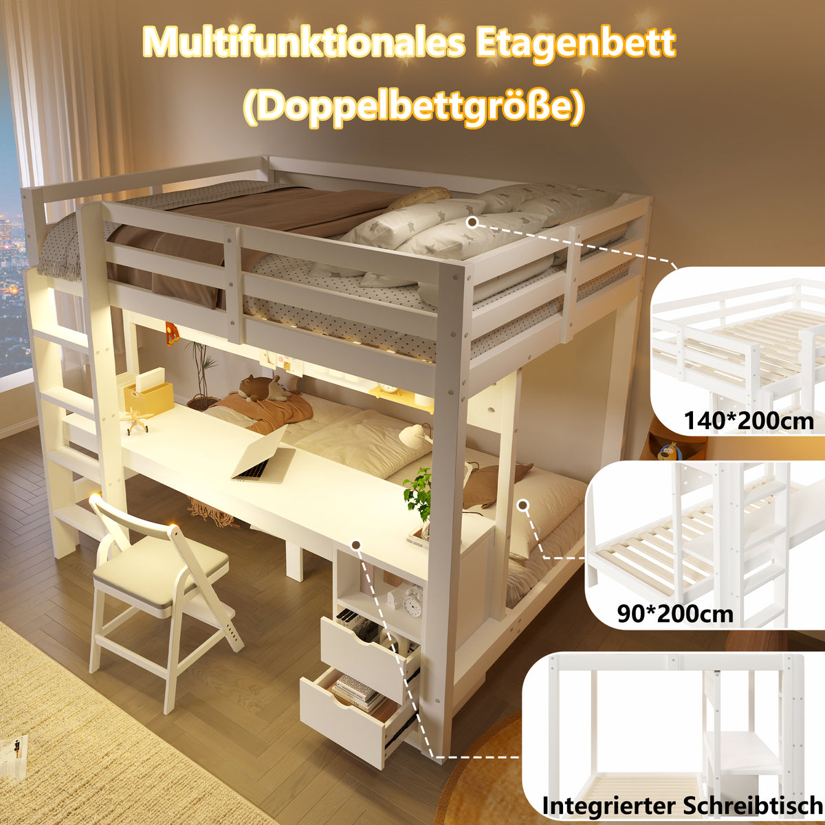 Loft Bed with Desk and Drawers, 90x200 & 140x200 cm, Pine Wood