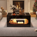 Coffee Table 70x70x35cm Square Hollowed-Out Tempered Glass LED High-Gloss Black MDF