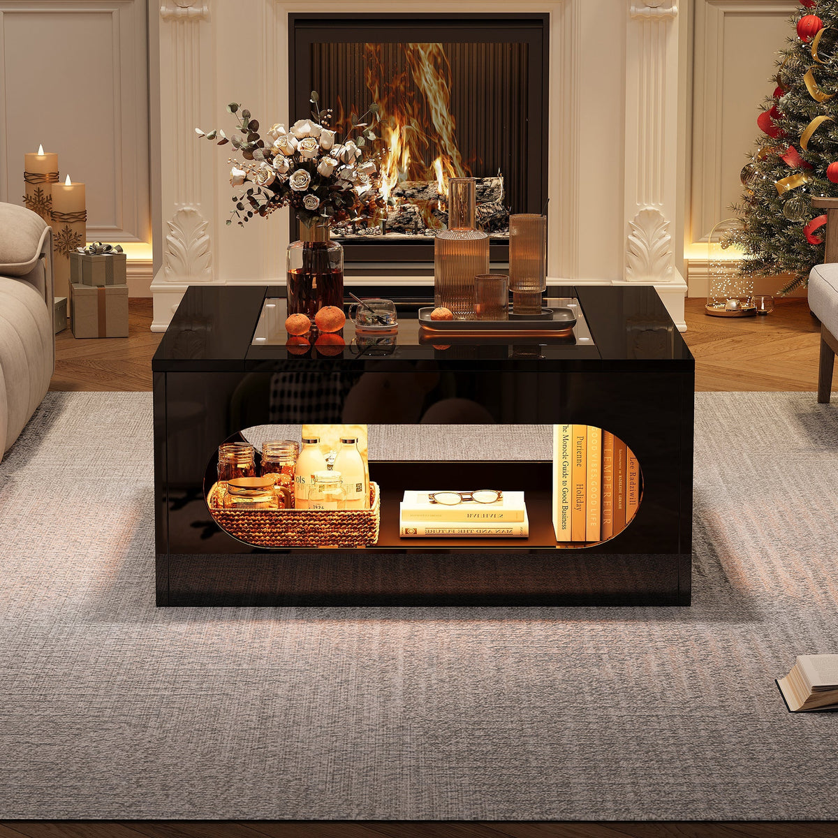 Coffee Table 70x70x35cm Square Hollowed-Out Tempered Glass LED High-Gloss Black MDF