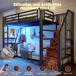 Loft Bed with Storage Steps and LED Light Strip, Black Iron Frame