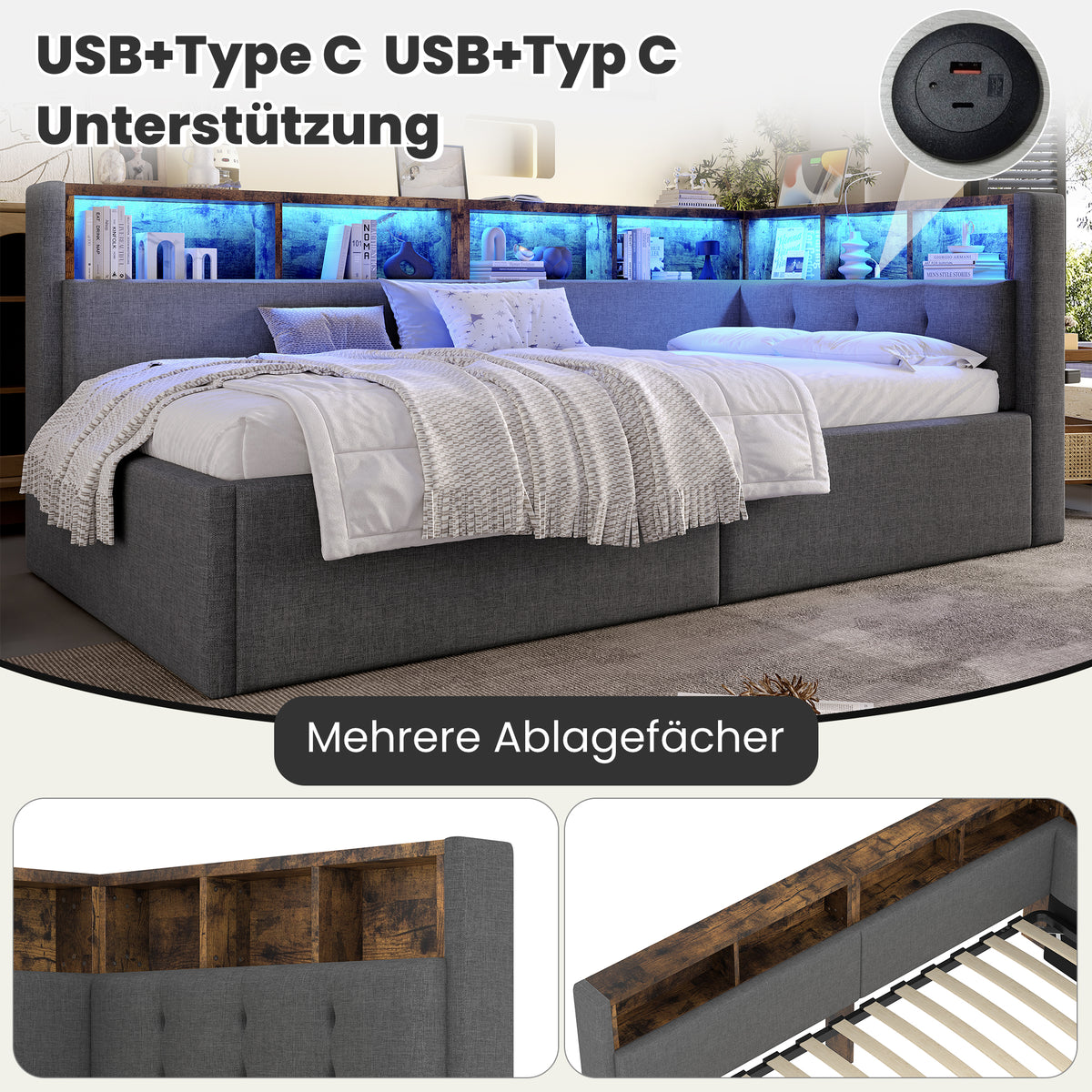 Daybed Sofa Bed 90x200cm with Storage & LED, Grey Linen