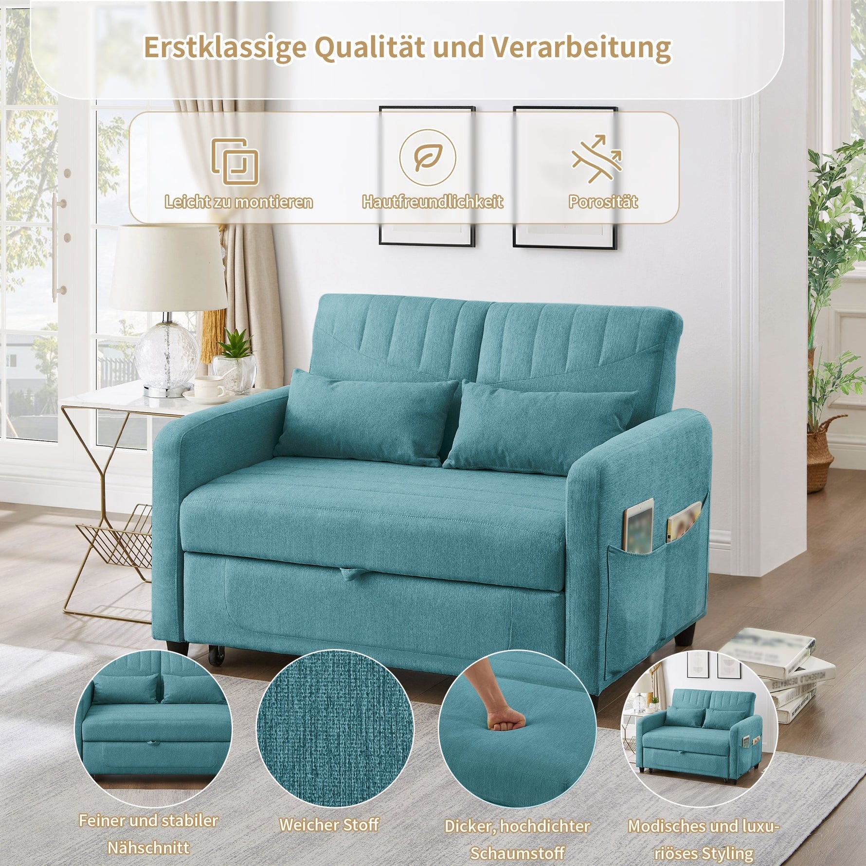 Sofa Bed, Two-Seater Folding Extendable, Three-Level Adjustable Backrest, Cotton Linen Fabric