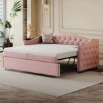 Upholstered Bed Pull-out Sofa Bed with USB Port, Pink Linen Fabric