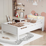 Wooden Bed, 90x200cm Multifunctional with USB & LED, Pinewood White