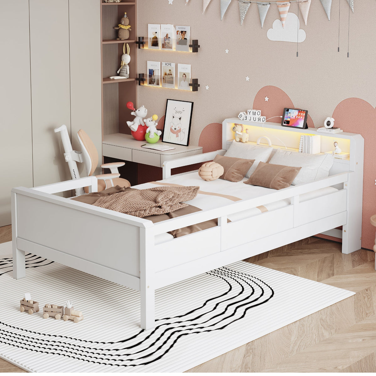 Wooden Bed, 90x200cm Multifunctional with USB & LED, Pinewood White