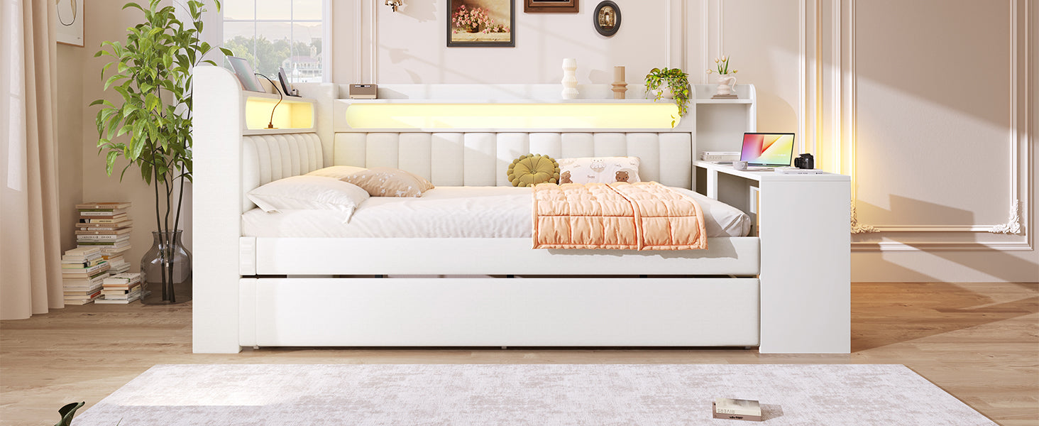 Upholstered Daybed 140x200 with USB, LED, Pull-Out Bed and Desk, White