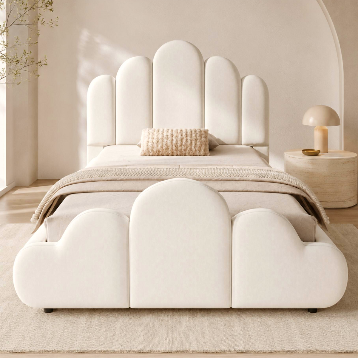 Upholstered Single Children's Bed 90x200cm - Beige Velvet