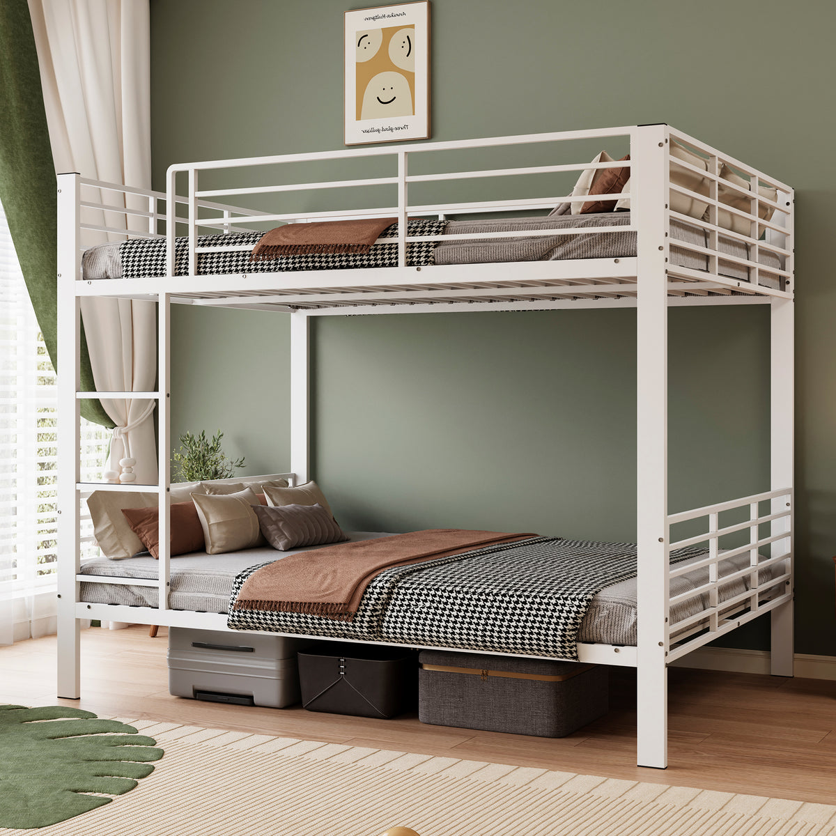 Bunk Bed 140x200 cm with Ladder & Fall Protection, White Metal