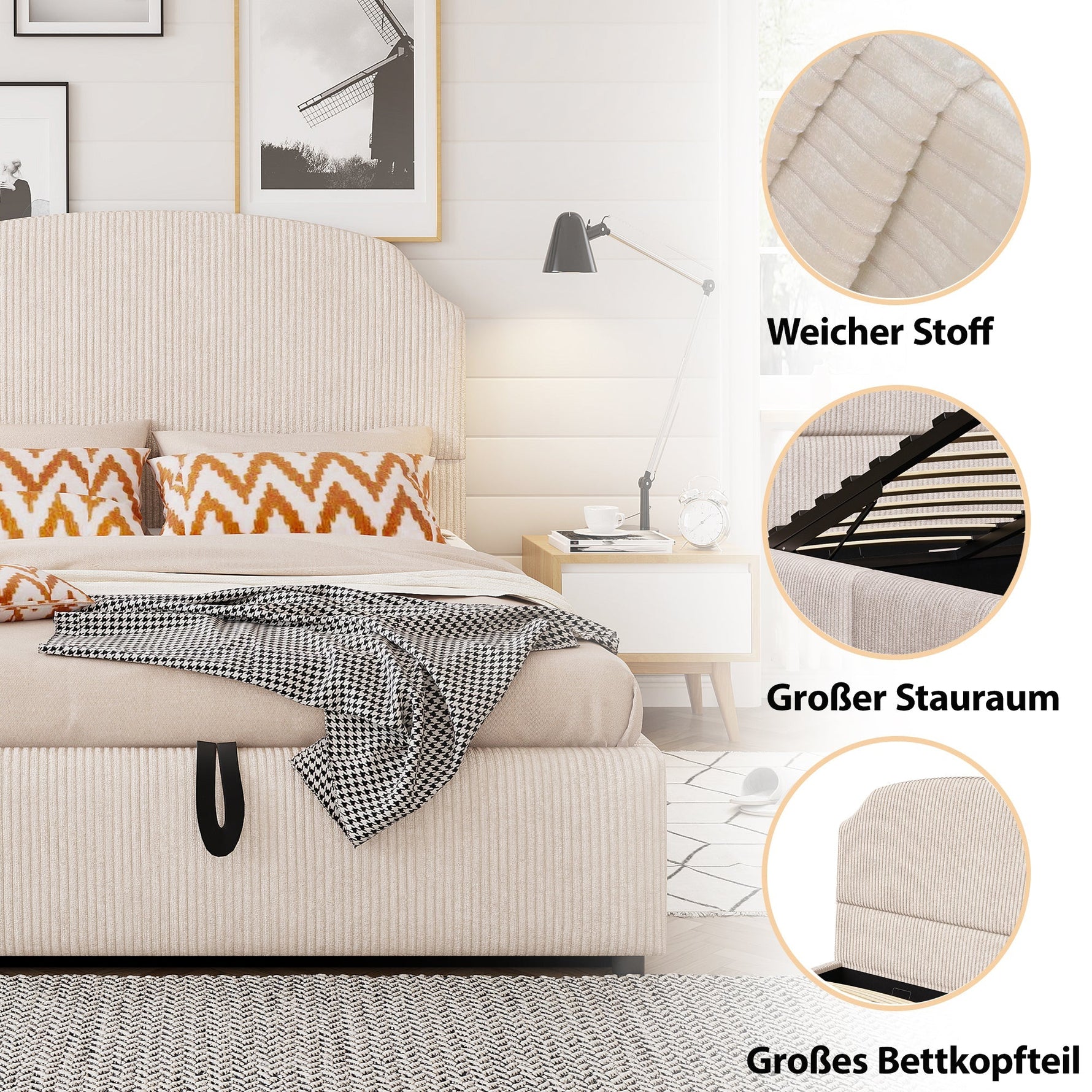 Upholstered Double Bed 140x200 with Hydraulic Storage and Wide Headboard, Beige Striped Plush