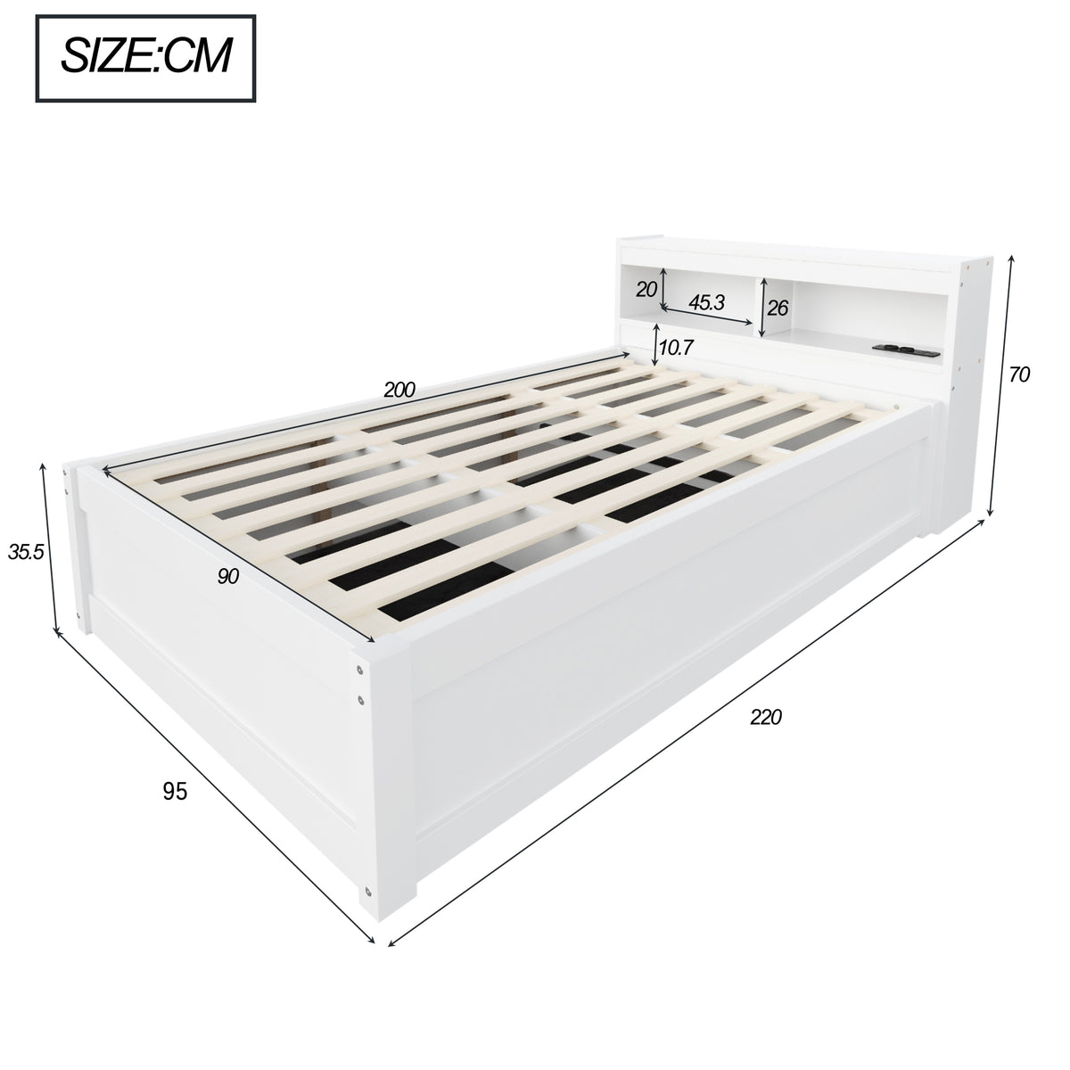 Sofa Bed 90x200cm with Storage & LED Light, Solid Wood, White