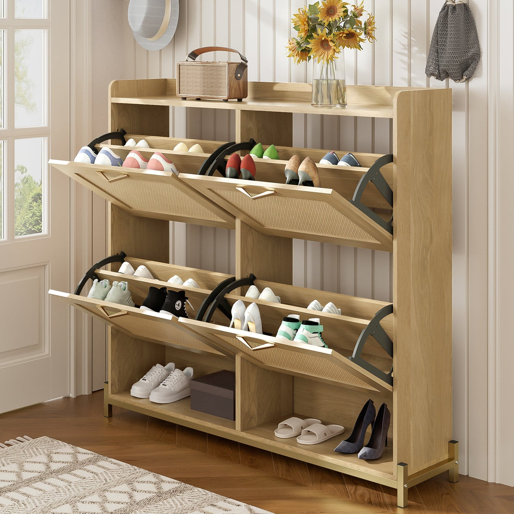 Shoe Cabinet Rattan Doors 4 Doors Metal Frame - Wood