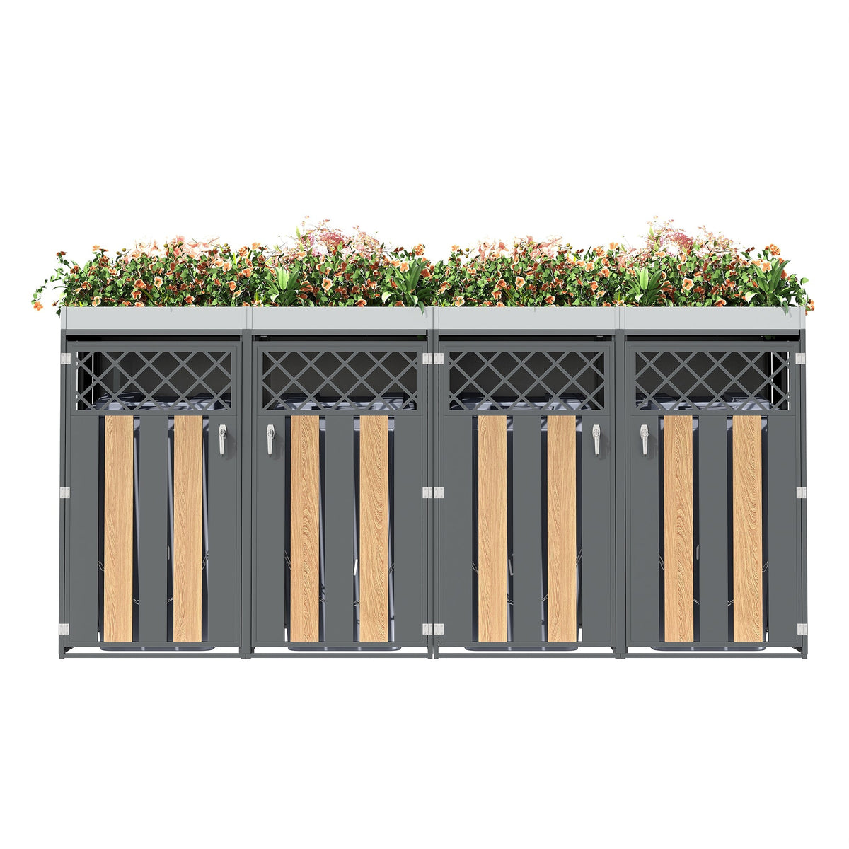 Garbage Can Enclosure with Diamond Ventilation Holes, Lockable Four Doors and Planting Area, Metal