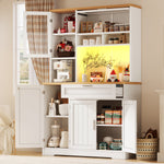 Tall Kitchen Cabinet Display Case with LED Lighting and Glass Doors, White and Black