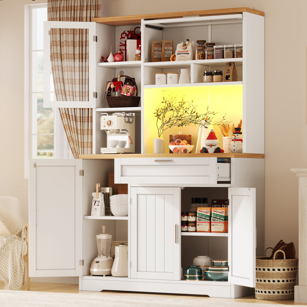 Tall Kitchen Cabinet Display Case with LED Lighting and Glass Doors, White and Black