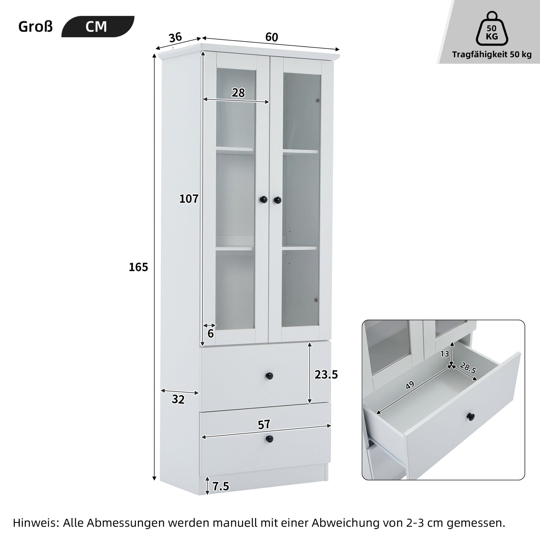Modern LED Display Cabinet, 165cm, USB Port, 2 Drawers, Hinged Doors, Matte White MDF