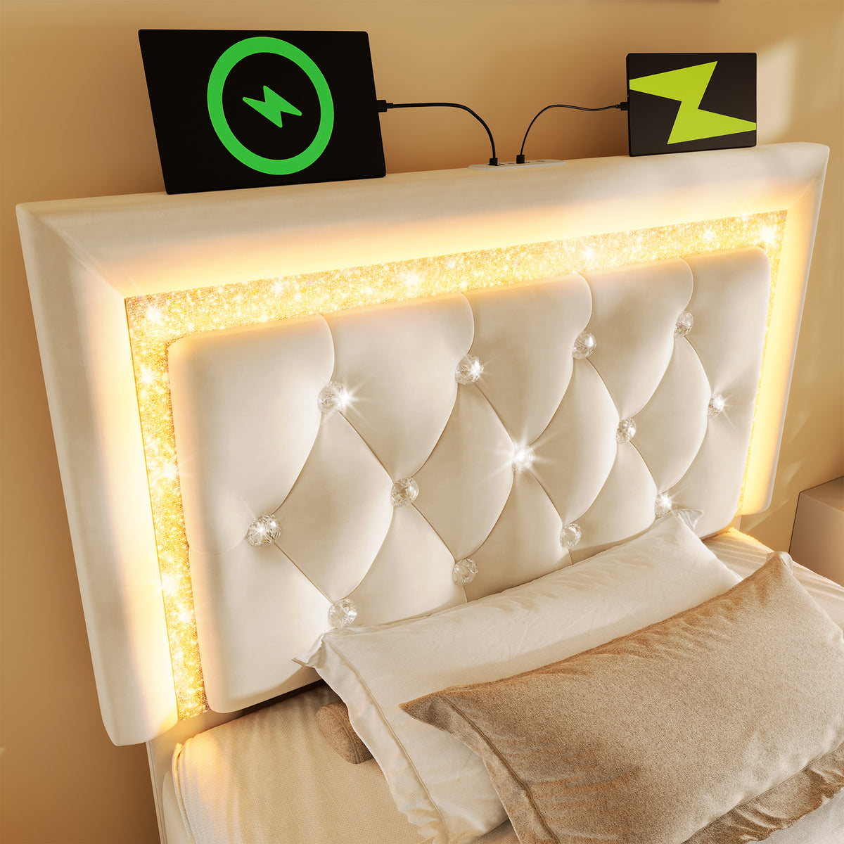 Upholstered Single Bed 90x200cm with LED & Storage, Beige Velvet