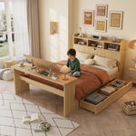 Children's Single Bed 140x200cm with Storage & Table, Natural Wood