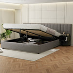 Upholstered Bed 180x200cm Hydraulic Storage 2 Bedside Tables - Linen Grey/Black