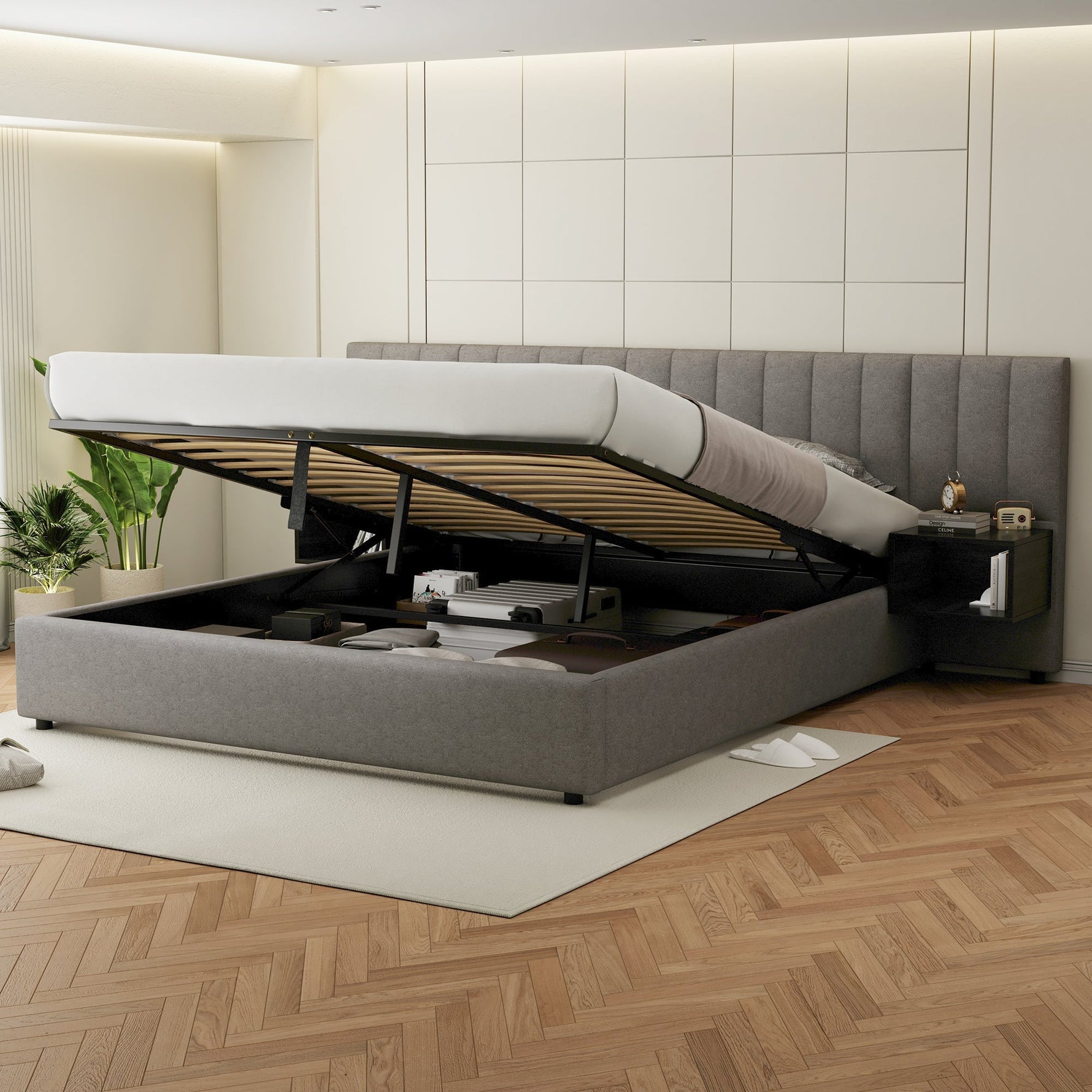 Upholstered Bed 180x200cm Hydraulic Storage 2 Bedside Tables - Linen Grey/Black
